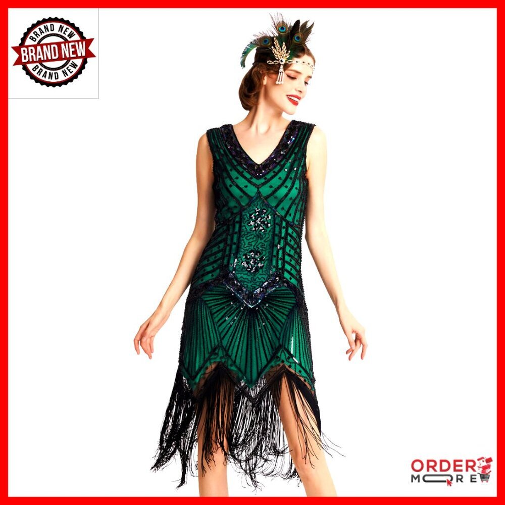 Flapper Dress 1920s V Neck Beaded Fringe Gatsby Costume